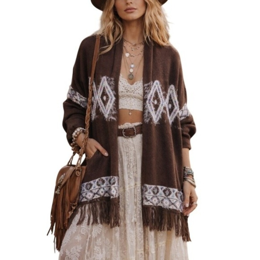 ND South Western Boho Whimsy Brushed Hair Knitted Brown Fringe Cardigan